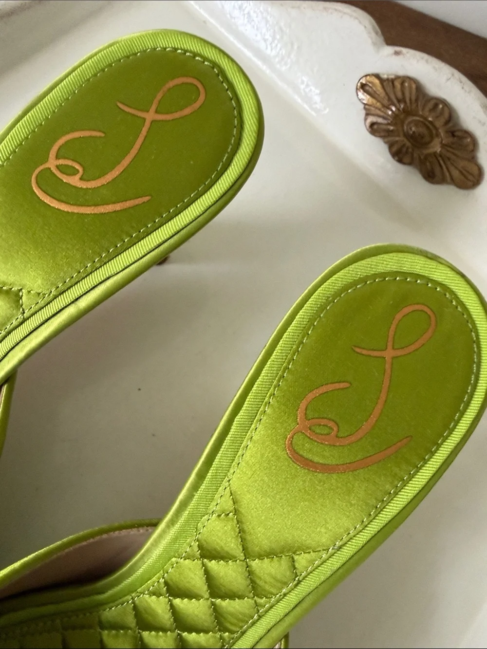 Sam Edelman Green Brit Kitten Satin Mules with Gold Buckle - Size 8.5 - Picture 5 of 14